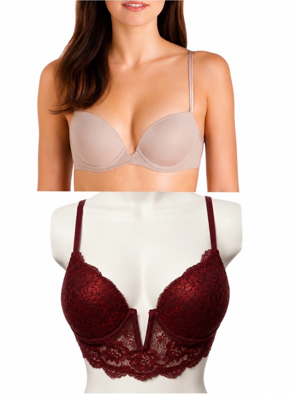 Bra Bundle Lot 34B 36B Red Lace Plunge Bra & Nude Push-Up Bra